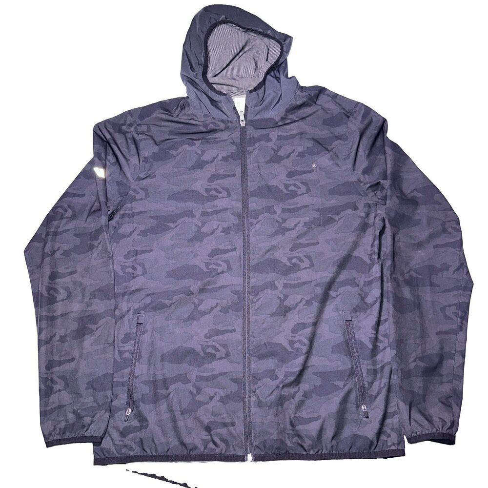 Vuori Outdoor Trainer Shell Jacket Men’s Black Hooded Full Zip Camouflage Large